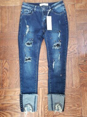 Mid Rise Grommets Crystals embellished jeans distressed ankle Jeans 27 Italy
